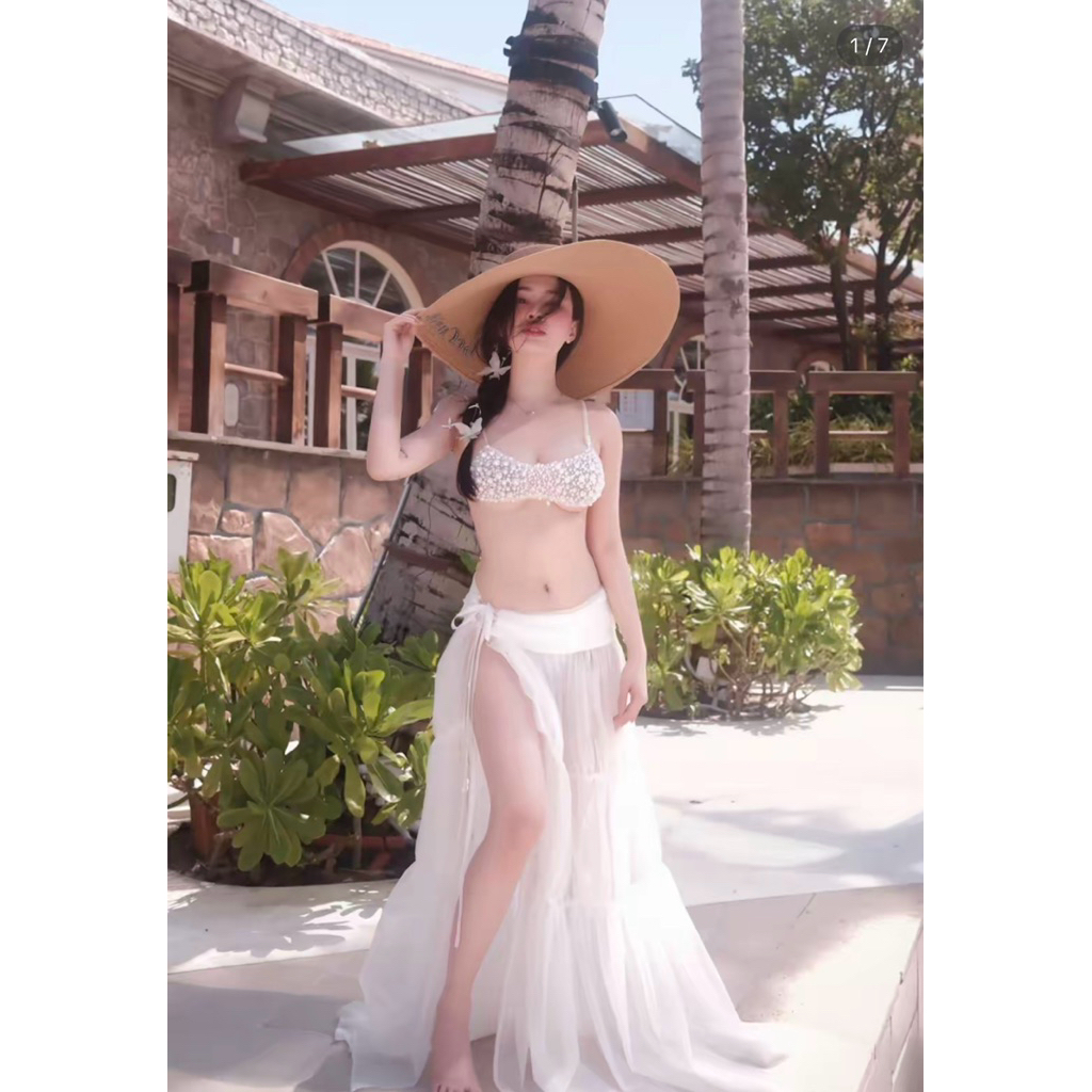 Set bikini áo bra ngọc chân váy maxi tơ