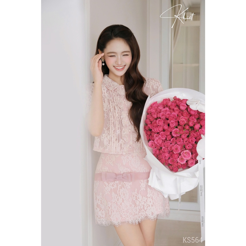 Set váy ren hoa mi hồng pastel Khiết phối nơ phong cách nữ tính ngọt ngào Khiết style KS564