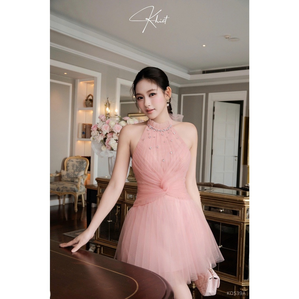 Đầm xòe cổ yếm Khiết phối lưới đính đá cao cấp, tone hồng pastel phong cách tiệc tùng sang trọng KD539A