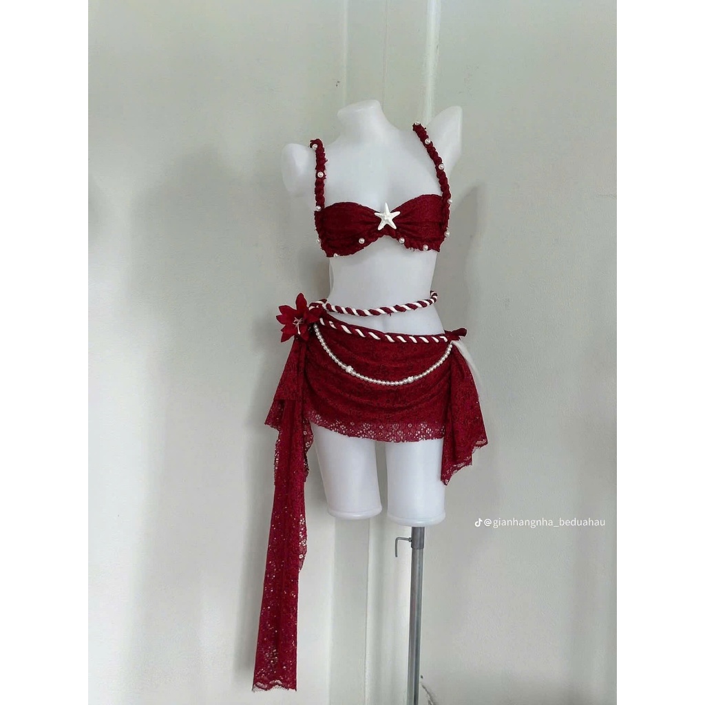 [Sẵn HCM ] HTK Sét Bikini  đi biển set 3 món ÁO ĐÍNH NGỌC ren mềm hàng thủ công cao cấp HAN.T SHOP