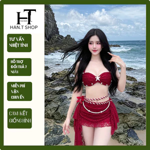 HTK Sét Bikini đi biển set 3 món ÁO ĐÍNH NGỌC ren mềm hàng thủ công cao cấp HAN.T SHOP