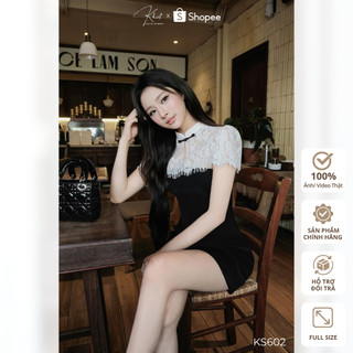 Set đầm ôm đen phối áo choàng ren trắng cổ cao phong cách thanh lịch sang trọng quyến rũ KS602