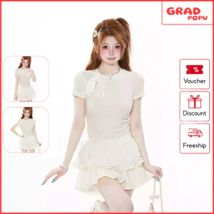 Áo thun nữ GRADPOPU tay ngắn dáng ôm thiết kế dây buộc có bèo nhún nữ tính ngọt ngào AN330