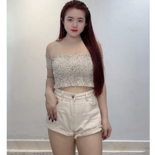 Áo Croptop bẹt vai hoa nhí,áo ống nhúng thung tay con baby teen xinh xắn thời trang đi biển