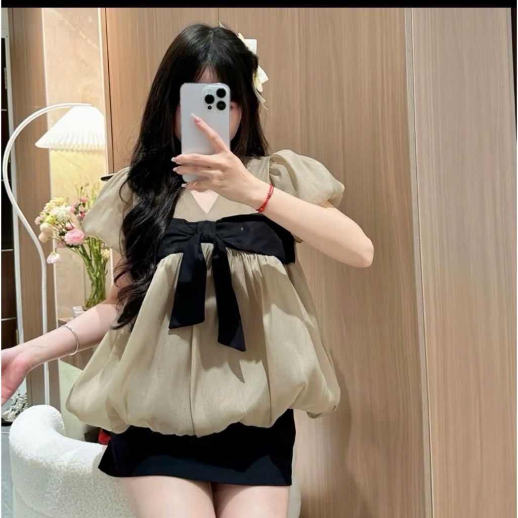 Áo Babydoll 2 Lớp Tay Bồng Dáng Bí Cổ Tim Phối Nơ Đen Phong Cách Tiểu Thư Sang Chảnh DG115