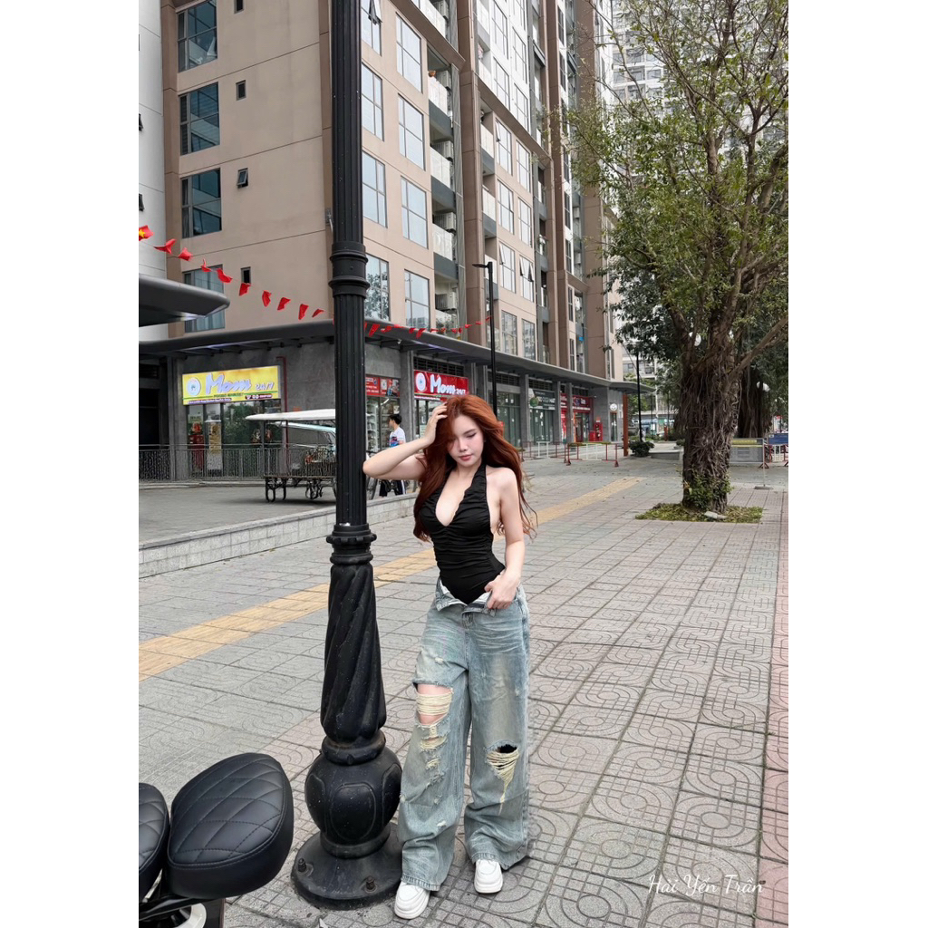 Áo bodysuit nhún cổ yếm mix đồ siu đẹp