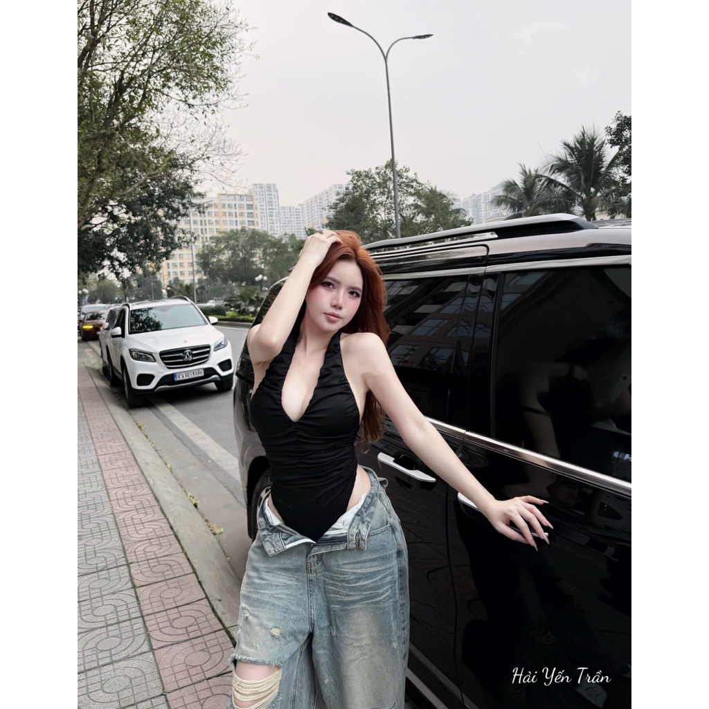 Áo bodysuit nhún cổ yếm mix đồ siu đẹp