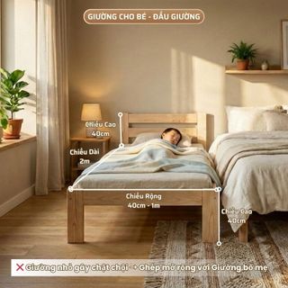 Giường Ghép Trẻ Em 2m Có Đầu Giường | Giường Mở Rộng cho Bé với Giường Bố Mẹ, Gỗ Thông Mới