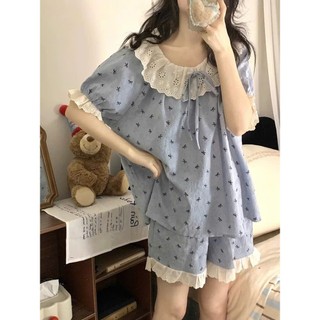 Set mặc nhà nữ JOIE TRENDY họa tiết nơ nhí, Bộ pijama form babydoll giấu bụng tay bồng phối ren vintage