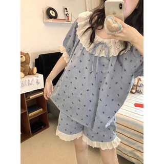 Set mặc nhà nữ JOIE TRENDY họa tiết nơ nhí, Bộ pijama form babydoll giấu bụng tay bồng phối ren vintage