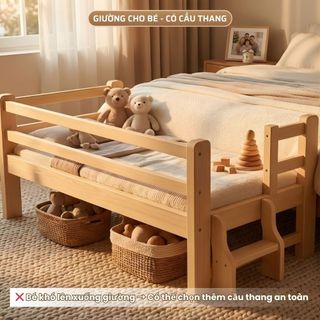 Giường Em Bé 1m6 Có Thanh Chắn – Ghép Mở Rộng Linh Hoạt, Gỗ Thông, Ghép Giường An Toàn