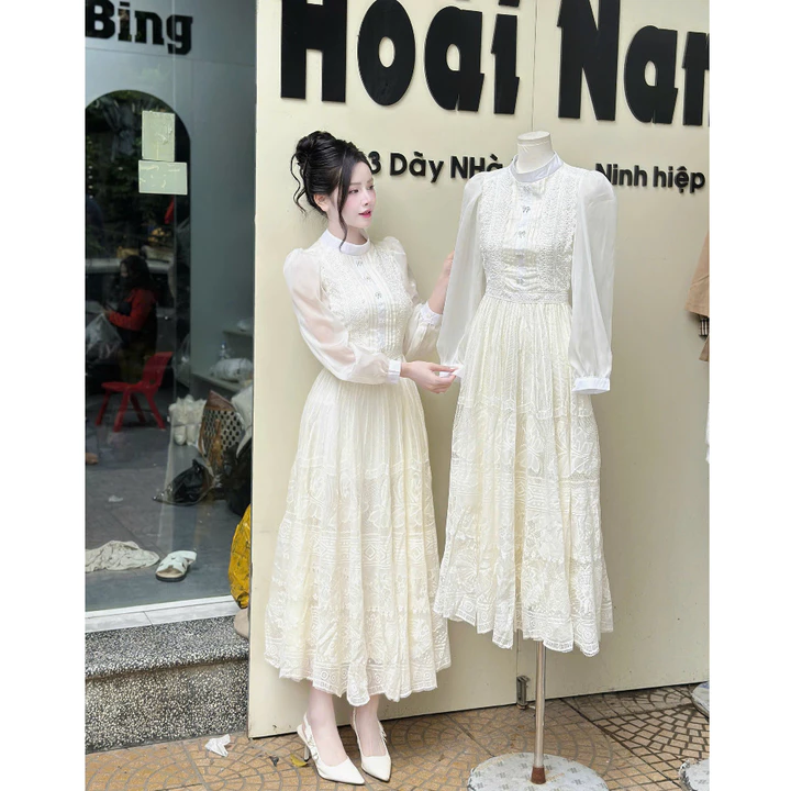 Váy nữ dáng dài váy nữ xinh váy đính 5 đá ren trắng cao cấp shop HỒNG NGỌC DESIGN