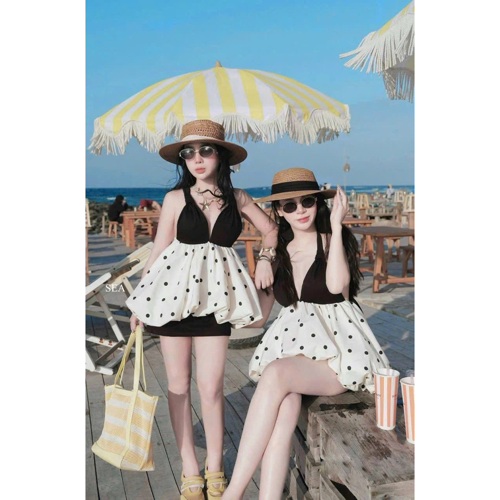 Set váy ngắn Set cotton hàn đáng iu, dễ thương pha nét sexy, áo 2 dây đen cup ngực phối tùng bí chấm bi + váy chữ a