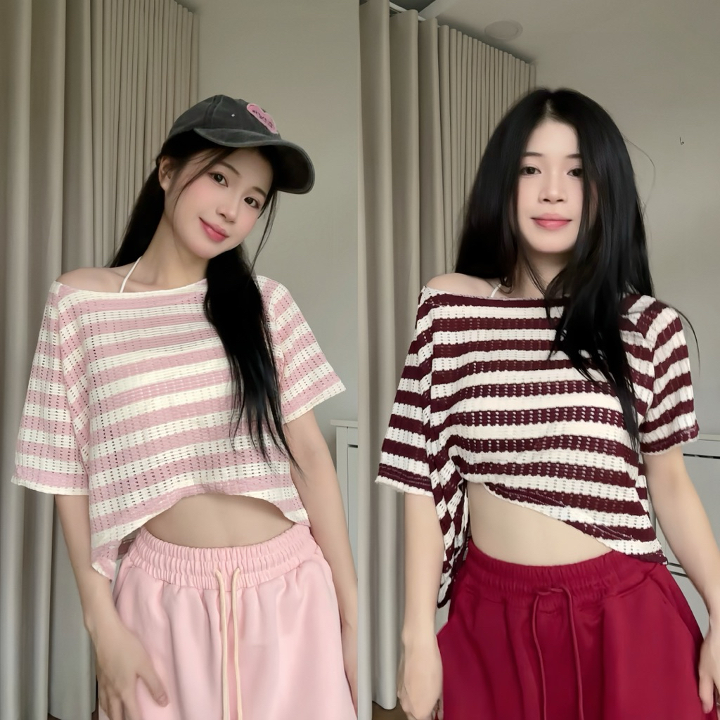 (2 Áo Tặng 1 Yếm) Áo croptop Mamie sọc lỗ chất dệt len thoáng khí, form rộng cho nữ (không kèm áo lót bên trong)