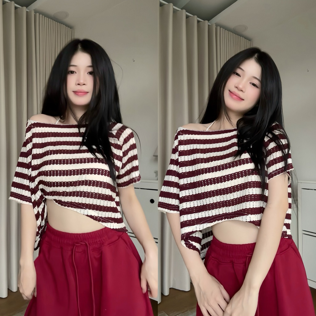 (2 Áo Tặng 1 Yếm) Áo croptop Mamie sọc lỗ chất dệt len thoáng khí, form rộng cho nữ (không kèm áo lót bên trong)