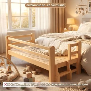 Giường Ghép Trẻ Em 2m Có Đầu Giường | Giường Mở Rộng cho Bé với Giường Bố Mẹ, Gỗ Thông Mới