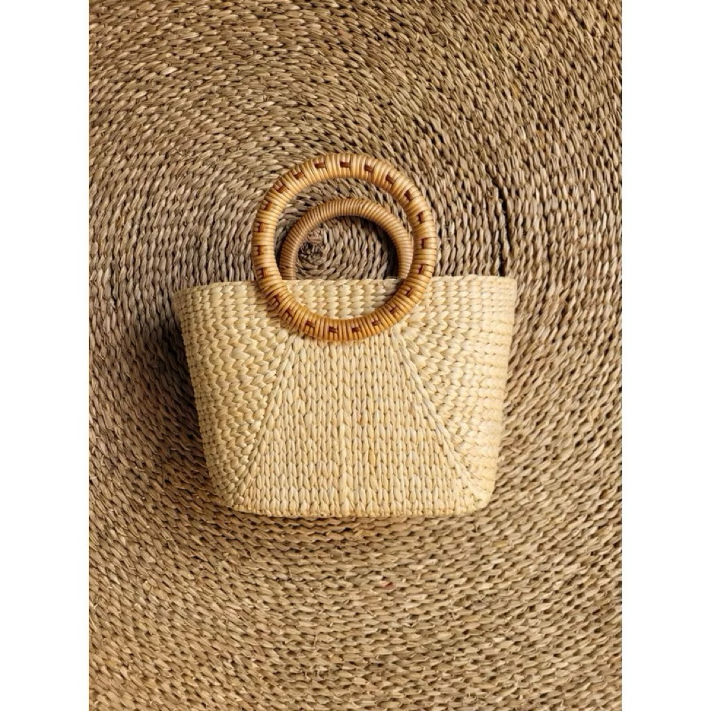 Kho Sỉ túi cói, túi lục bình thêu hoa ruy băng size 30 cm có lót vải và khóa kéo