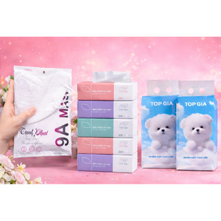 Combo siêu tiện lợi 50c khẩu trang 9A, 5 gói giấy ăn, 2 bịch giấy rút đáy Top Gia mềm dai không bụi giấy