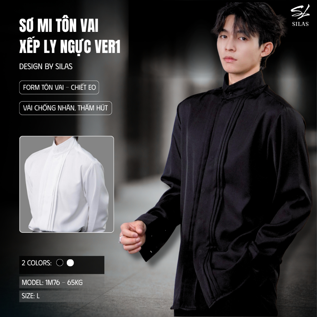 (Form Tôn Vai) Áo Sơ Mi SILAS Tay Dài Trơn Xếp Ly Ngực Ver1 Cotton Form Rộng Menswear Cổ Trụ - ASL31