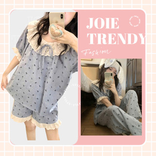 Set mặc nhà nữ JOIE TRENDY họa tiết nơ nhí, Bộ pijama form babydoll giấu bụng tay bồng phối ren vintage