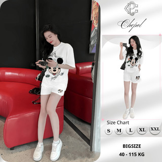Bộ Áo Phông Nữ Chepol Form Rộng, In Mickey, Cổ Tròn, Phối Chân Váy, Chất Cotton (Áo Thun Trắng+Quần Đùi Trắng)-CP_10568