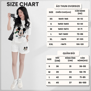 Bộ Áo Phông Nữ Chepol Form Rộng, In Mickey, Cổ Tròn, Phối Chân Váy, Chất Cotton (Áo Thun Trắng+Quần Đùi Trắng)-CP_10568