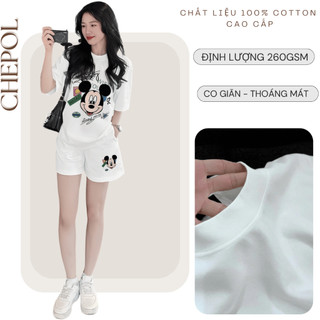 Bộ Áo Phông Nữ Chepol Form Rộng, In Mickey, Cổ Tròn, Phối Chân Váy, Chất Cotton (Áo Thun Trắng+Quần Đùi Trắng)-CP_10568