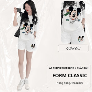 Bộ Áo Phông Nữ Chepol Form Rộng, In Mickey, Cổ Tròn, Phối Chân Váy, Chất Cotton (Áo Thun Trắng+Quần Đùi Trắng)-CP_10568