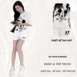 Bộ Áo Phông Nữ Chepol Form Rộng, In Mickey, Cổ Tròn, Phối Chân Váy, Chất Cotton (Áo Thun Trắng+Quần Đùi Trắng)-CP_10568