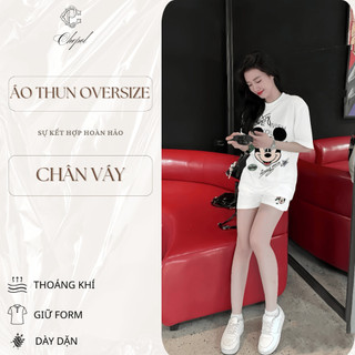 Bộ Áo Phông Nữ Chepol Form Rộng, In Mickey, Cổ Tròn, Phối Chân Váy, Chất Cotton (Áo Thun Trắng+Quần Đùi Trắng)-CP_10568