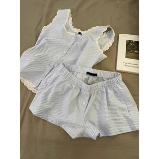 Set mặc nhà nữ mùa hè JOIE TRENDY họa tiết kẻ sọc, Set pijama sát nách viền ren điệu đà hack dáng thon gọn