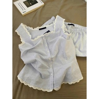 Set mặc nhà nữ mùa hè JOIE TRENDY họa tiết kẻ sọc, Set pijama sát nách viền ren điệu đà hack dáng thon gọn