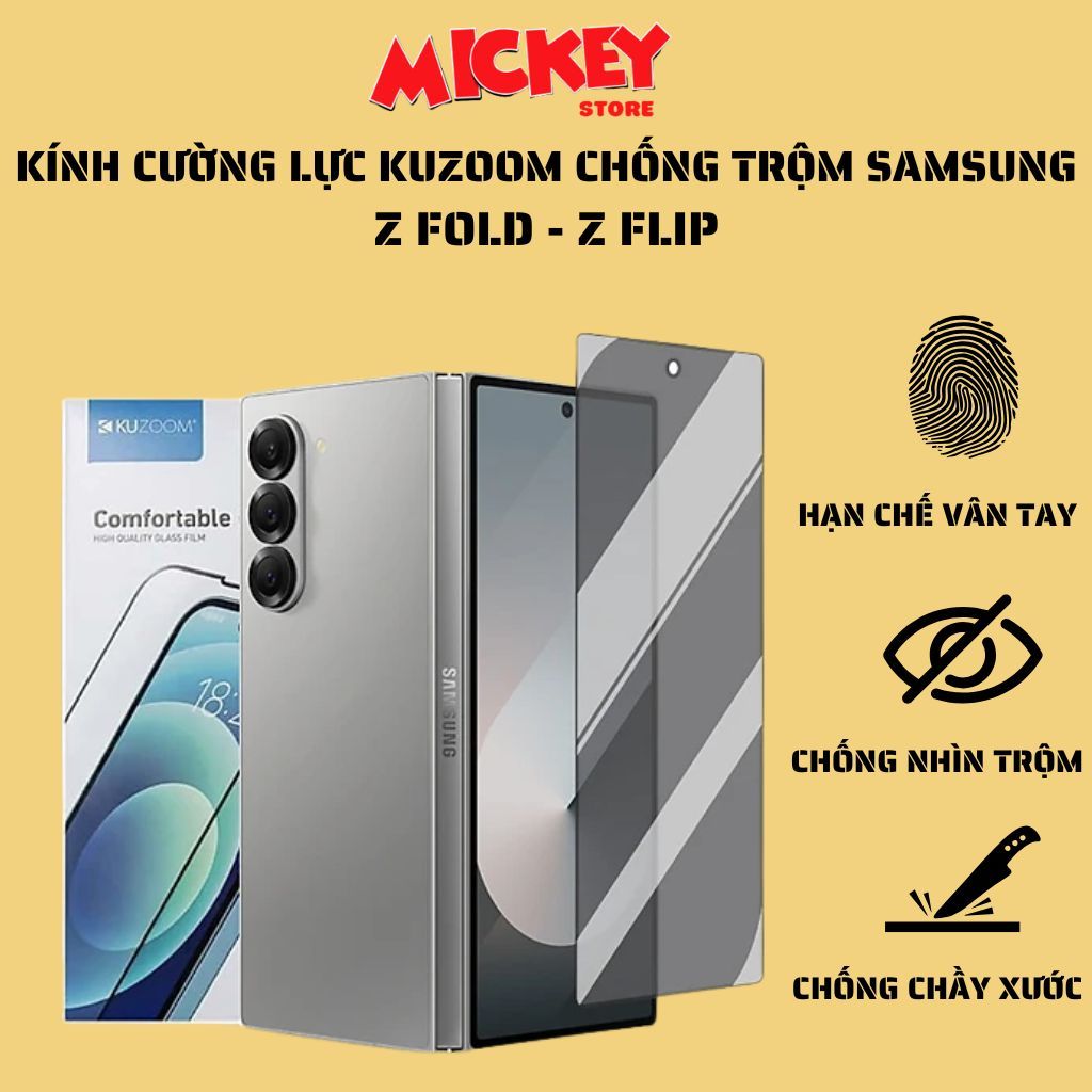 Kính cường lực Kuzoom full màn trong suốt cho Samsung ZFold 7 6 5 / ZFlip 7 6 5 hạn chế vân tay