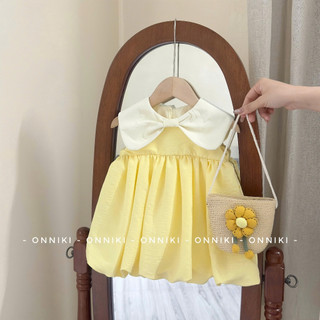 Váy Bé Gái Dáng Bí Babydoll Cổ Nơ Sát Nách Chất Đũi Mềm Cho Bé Size Từ 6-25kg tay ngắn màu vàng