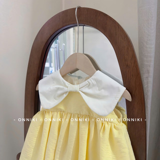 Váy Bé Gái Dáng Bí Babydoll Cổ Nơ Sát Nách Chất Đũi Mềm Cho Bé Size Từ 6-25kg tay ngắn màu vàng