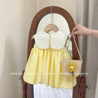 Váy Bé Gái Dáng Bí Babydoll Cổ Nơ Sát Nách Chất Đũi Mềm Cho Bé Size Từ 6-25kg tay ngắn màu vàng