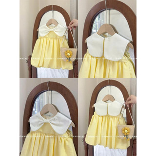 Váy Bé Gái Dáng Bí Babydoll Cổ Nơ Sát Nách Chất Đũi Mềm Cho Bé Size Từ 6-25kg tay ngắn màu vàng