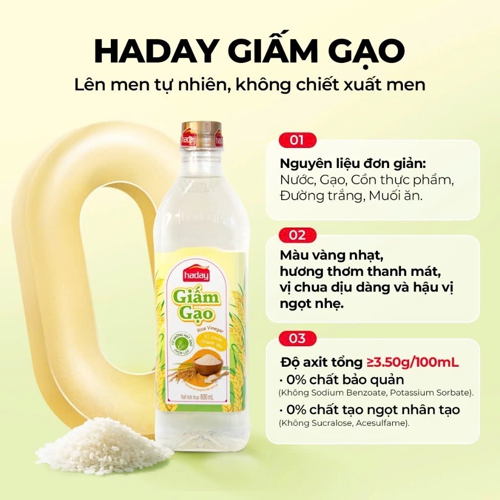 Giấm Gạo Haday 800ml Chua Dịu Thanh Mát, Dùng Trộn Salad, Ngâm Chua, Nấu Ăn Chuẩn Vị