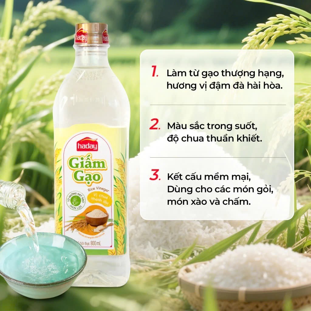 Giấm Gạo Haday 800ml Chua Dịu Thanh Mát, Dùng Trộn Salad, Ngâm Chua, Nấu Ăn Chuẩn Vị