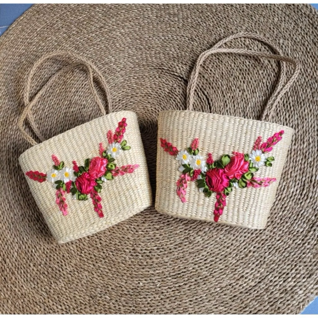 Kho sỉ túi cói thêu hoa ruy băng vintage đi tiệc sang trọng
