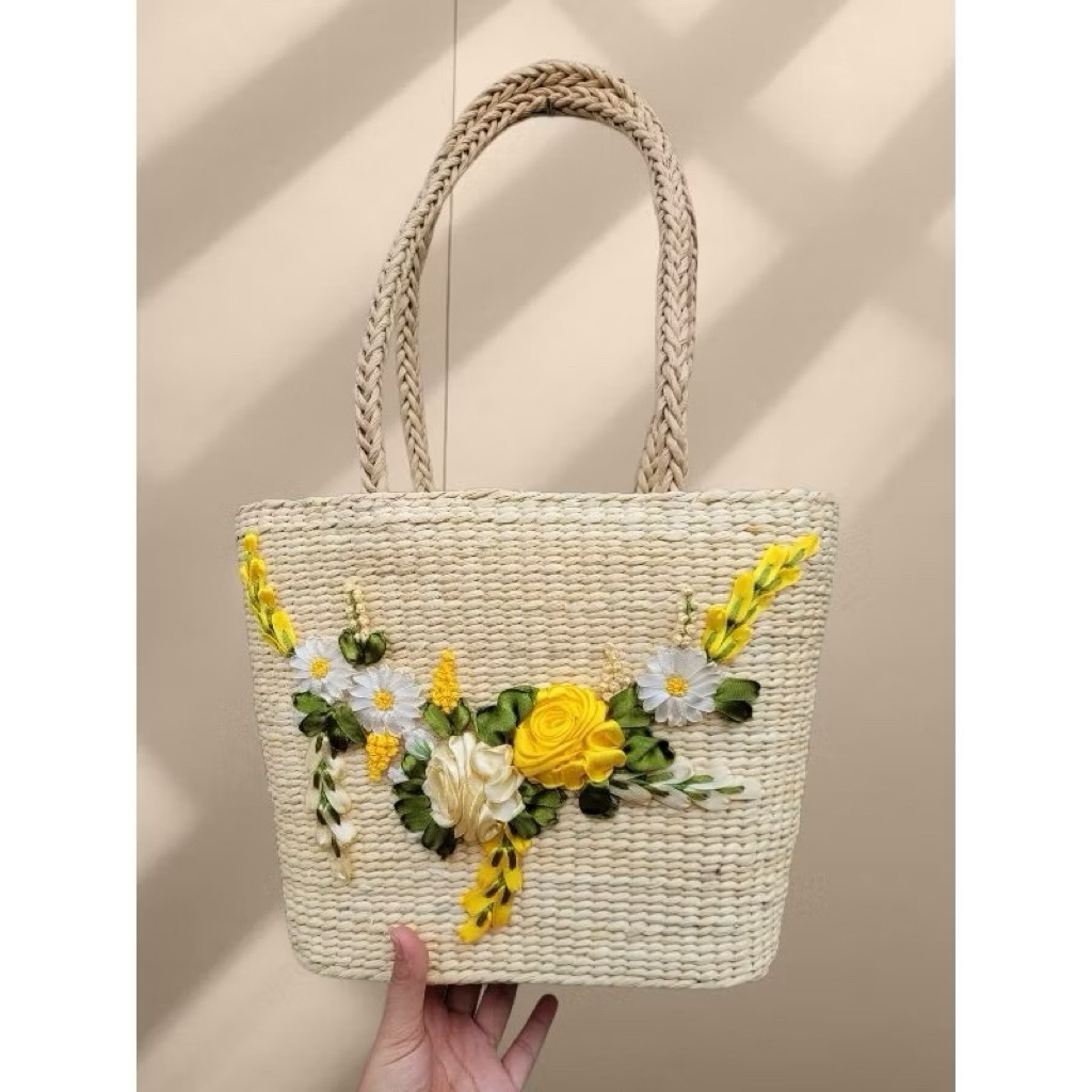 Kho sỉ túi cói thêu hoa ruy băng vintage đi tiệc sang trọng