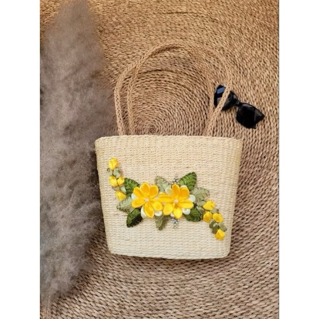 Kho sỉ túi cói thêu hoa ruy băng vintage đi tiệc sang trọng