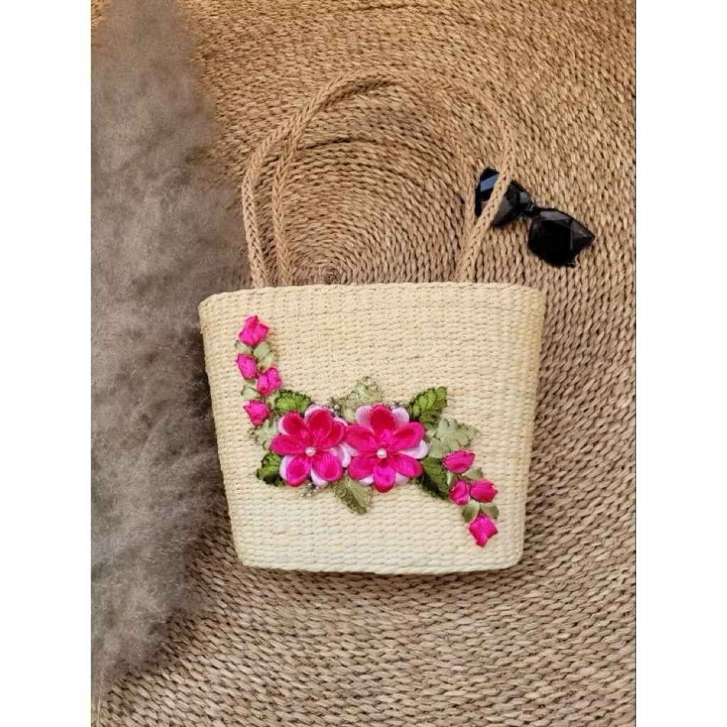 Kho sỉ túi cói thêu hoa ruy băng vintage đi tiệc sang trọng