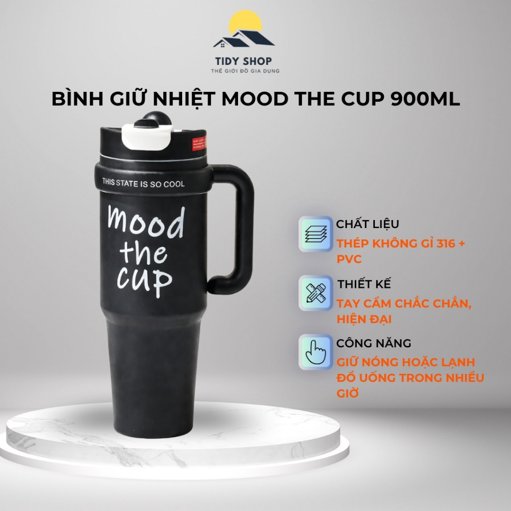 Bình Nước Giữ Nhiệt Cao Cấp Inox 316 900ml-1000ml Có Tay Cầm, TIDY SHOP, Cốc Giữ Nhiệt Mood The Cup Tiện Lợi