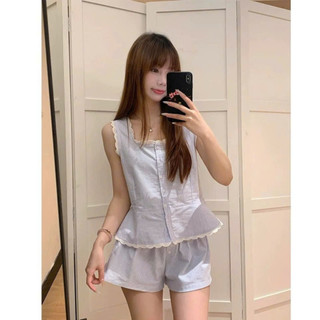 Set mặc nhà nữ mùa hè JOIE TRENDY họa tiết kẻ sọc, Set pijama sát nách viền ren điệu đà hack dáng thon gọn