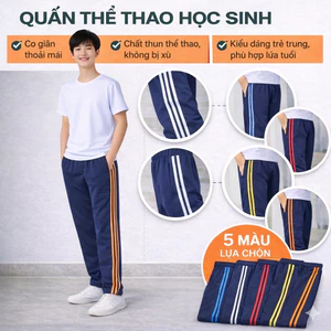 Quần Thể Dục Học Sinh Nam Nữ 3 Sọc Viền Trắng Vàng, Chất Thun Chéo Màu Tím Than Chuẩn Trường Học.