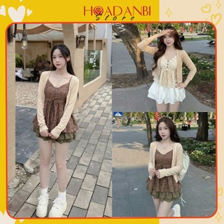 Set 2 dây cổ V kèm cadigan mỏng in họa tiết siêu xinh, Set áo cổ V hai dây in hoa nhí kèm cardigan