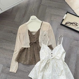 Set 2 dây cổ V kèm cadigan mỏng in họa tiết siêu xinh, Set áo cổ V hai dây in hoa nhí kèm cardigan