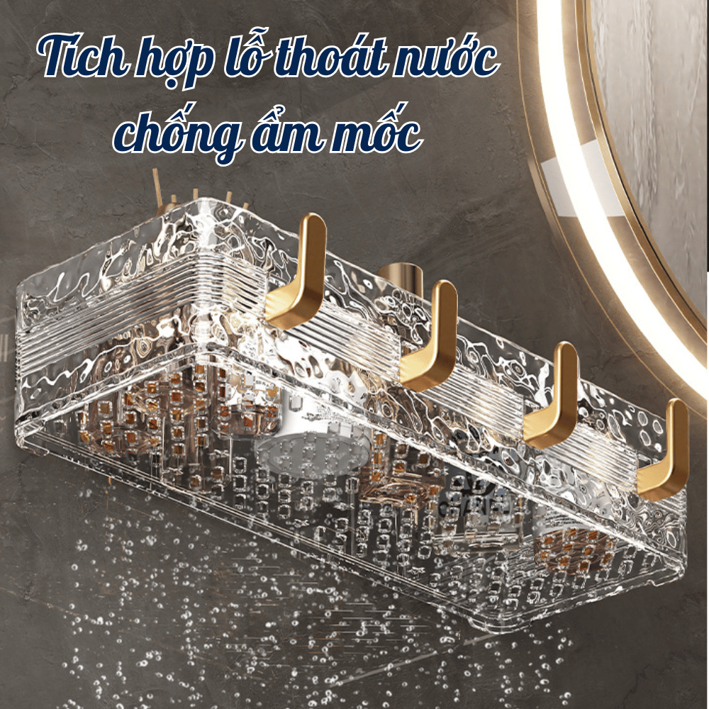 Kệ Treo Tường Nhà Tắm Trong Suốt Cao Cấp, Kệ Đựng Mỹ Phẩm, Sữa Tắm Có Móc Treo Tiện Lợi, Thoát Nước