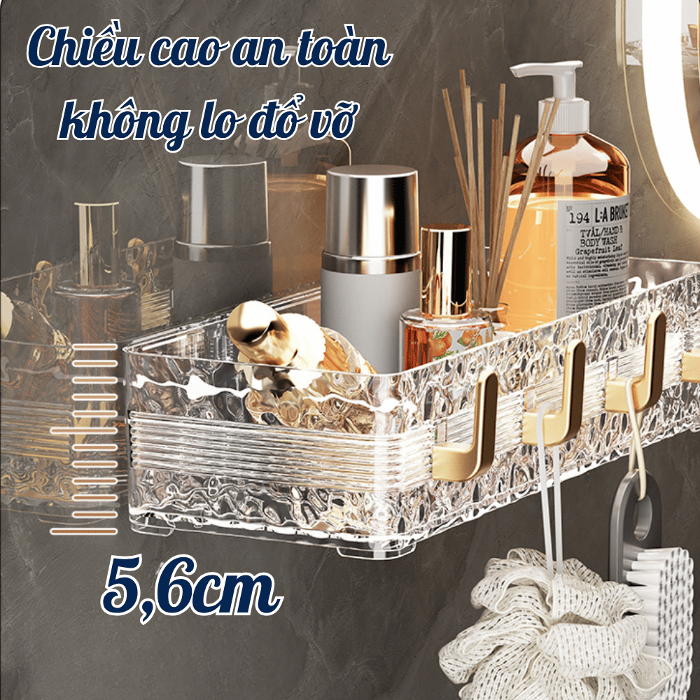 Kệ Treo Tường Nhà Tắm Trong Suốt Cao Cấp, Kệ Đựng Mỹ Phẩm, Sữa Tắm Có Móc Treo Tiện Lợi, Thoát Nước